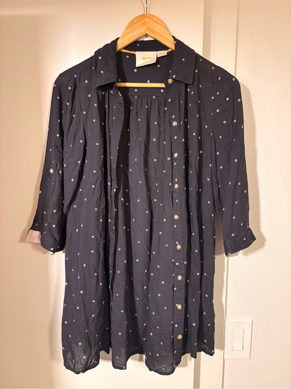 Maeve by anthropologie, 100% Modal Navy and White Polka Dot Long Button Tunic